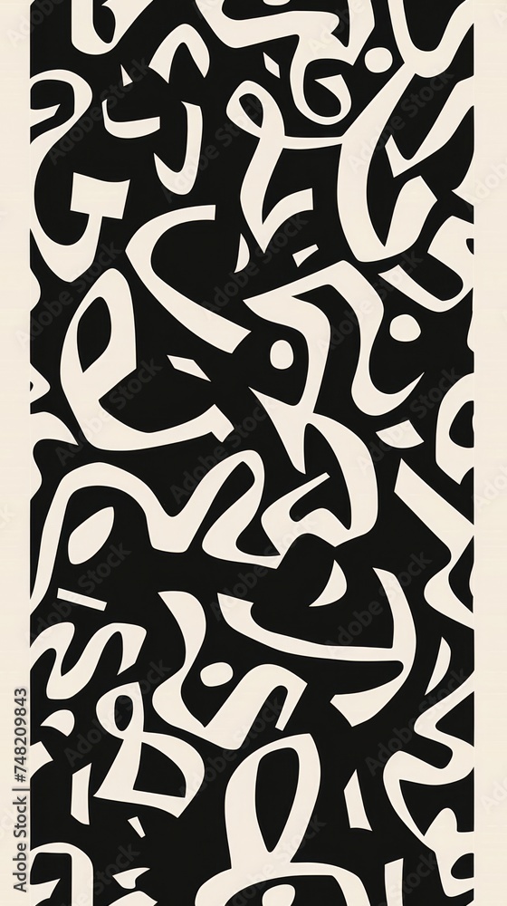A black and white pattern made up of calligraphic letters 