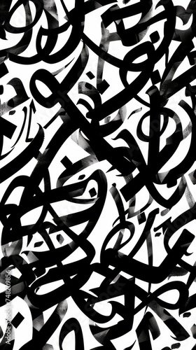 A black and white pattern made up of calligraphic letters 