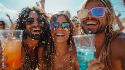 A group of friends in a VIP burning man area having fun celebrationg with drinks featuring splashes of bright colors with decor style of modern bohemian photo
