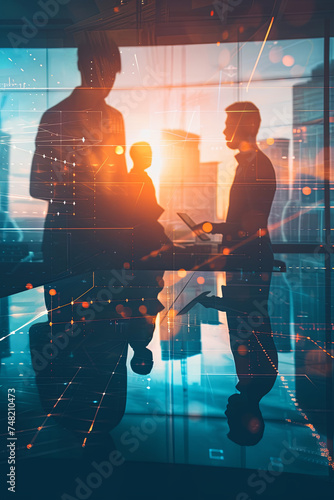 Silhouette of corporate individuals collaborating in an office. Teamwork and partnership concept. Double exposure with network effects © Emanuel
