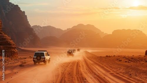 A convoy of off-road vehicles kicks up dust as it travels through a dramatic desert landscape, bathed in the golden light of the setting sun, evoking a sense of adventure and exploration.