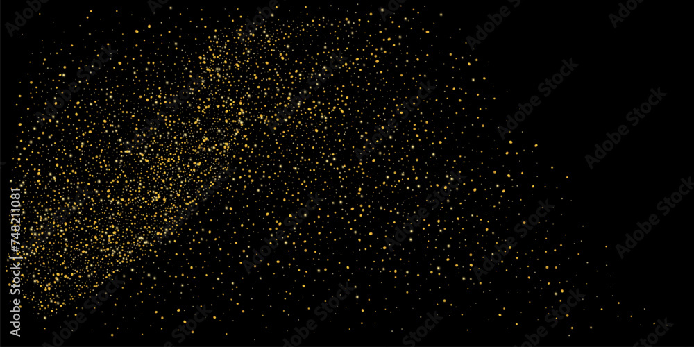 Gold dust. Confetti with gold glitter on a black background. Shiny scattered sand particles. Decorative elements. Luxury background for your design, cards, invitations. Vector