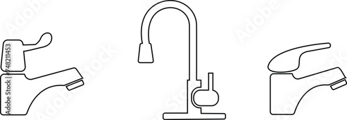 Set of water Faucet Icons in flat and line vectors, Tap sign. Bathroom symbol. Water flows from faucet symbol. Drinking water company symbol for apps and websites, isolated on transparent background,