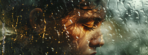 Double exposure of a person's face and pouring rain, evoking a sense of vulnerability and emotional release amidst the downpour.