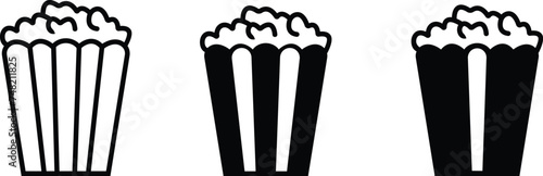 Popcorn icon set. Pop corn, bucket, box. Cinema concept. Vector icon can be used for watching movie takeaway food snack, symbol template for graphic and web design, isolated on transparent background.