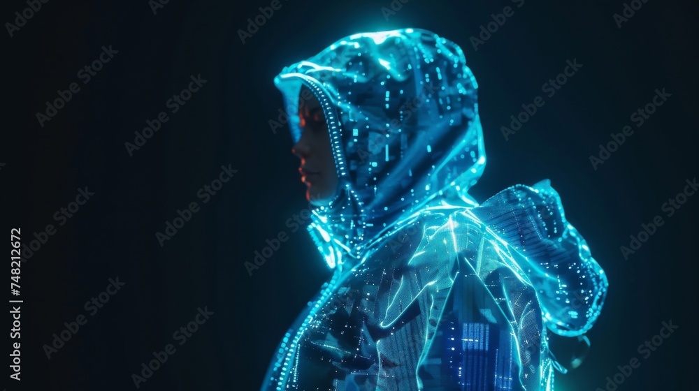 A holographic image of a model wearing a futuristic jacket with temperature regulation and builtin virtual istant technology. - obrazy, fototapety, plakaty 