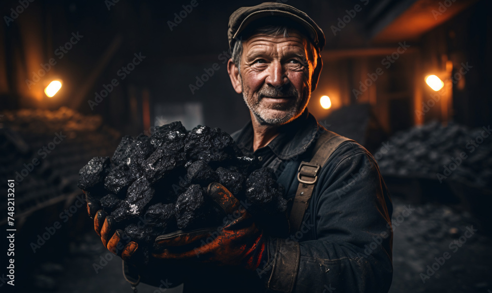 A man holding coal in his hands in a coal mine. Industrial coal mining concept. - obrazy, fototapety, plakaty 