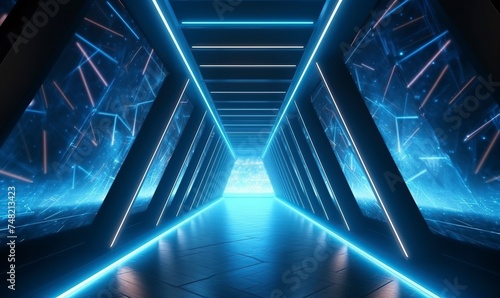 Futuristic sci-fi spaceship interior with a futuristic corridor in space station with glowing neon lights background and glossy reflective walls and transparent glass