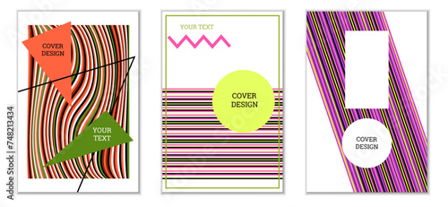 Geometric cover design, set of 3 covers. Abstract unusual background in Memphis style. Bright geometric shapes in random order