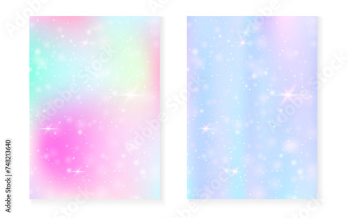 Princess background with kawaii rainbow gradient. Magic unicorn hologram. Holographic fairy set. Creative fantasy cover. Princess background with sparkles and stars for cute girl party invitation.