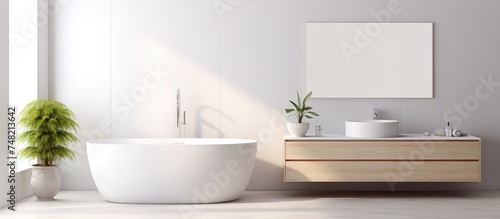 A modern clean bathroom featuring a large white bathtub next to a sink. The bathtub is the focal point  contrasting with the sleek sink and minimalist design of the space.