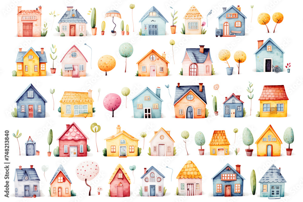 Set of different watercolor colorful houses isolated on white background. Clipart bundle, hand drawn set, tiny core, cute cartoonish design