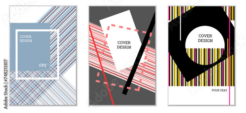 Geometric cover design, set of 3 covers. Abstract unusual background in Memphis style. Bright geometric shapes in random order