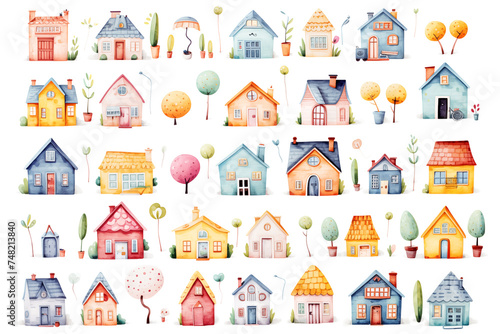 Set of different watercolor colorful houses isolated on white background. Clipart bundle, hand drawn set, tiny core, cute cartoonish design