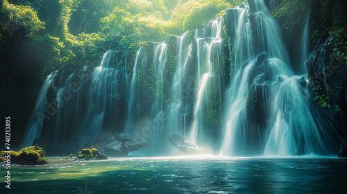 A cascading waterfall shrouded in mist parts gently to reveal the luminous gates to heaven, symbolizing cleansing and rebirth