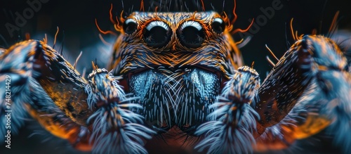 This close-up view showcases a Lycosidae wolf spider on a stark black background. The intricate details of the spiders body and legs are visible, creating a striking contrast with the darkness of the