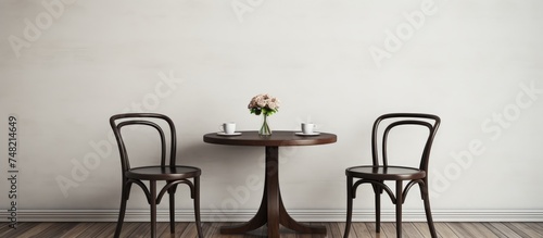 This black and white photo captures two chairs placed next to a dining table. The chairs are wooden with a simple design  and the table is set against a white wall on a wooden floor.