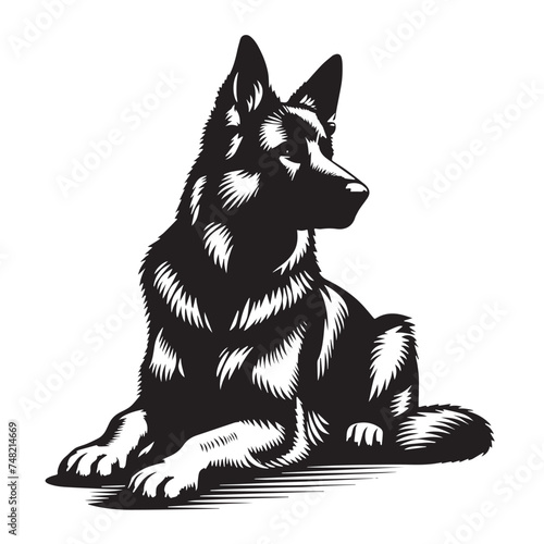 Vintage Retro Styled Vector German Shepherd Silhouette Black and White - illustration