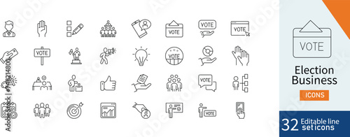 Set of 32 Election Business web icons in line style. Voting, election, megaphone, government, government, politic. Vector illustration.