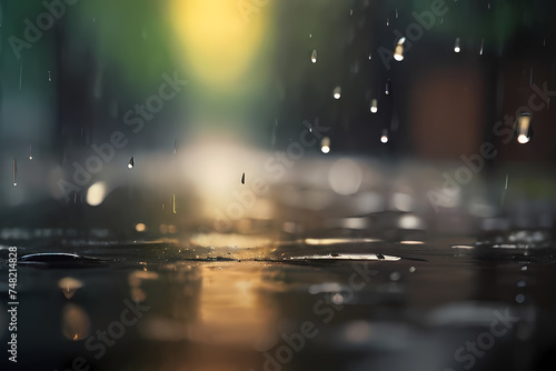  the moody atmosphere of a rainy day with a mesmerizing image of raindrops falling against a blurred background, creating a sense of movement and tranquility , generative ai