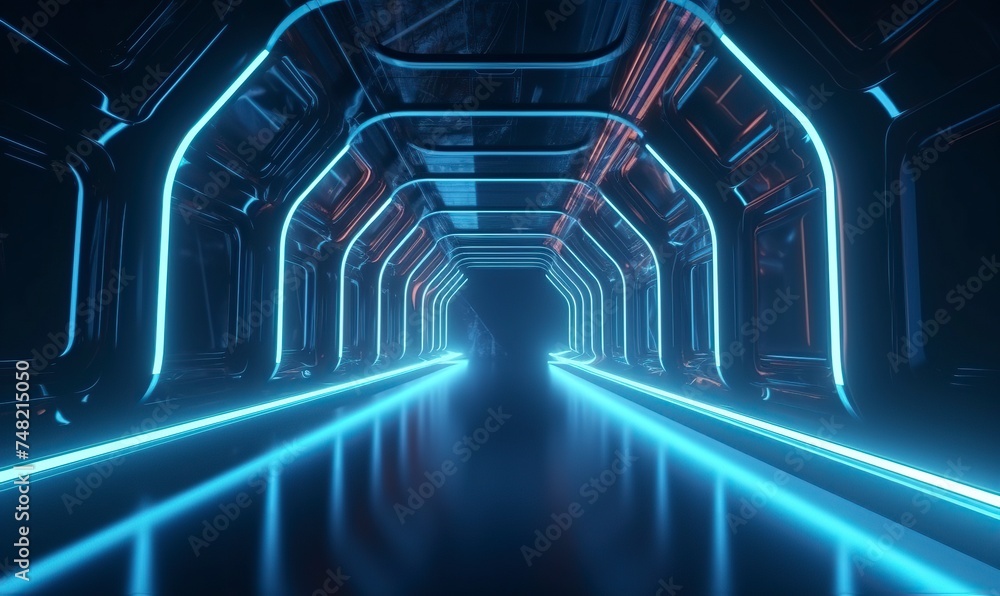 Futuristic sci-fi spaceship interior with a futuristic corridor in 
space station with glowing neon lights background and glossy reflective walls and transparent glass - obrazy, fototapety, plakaty 