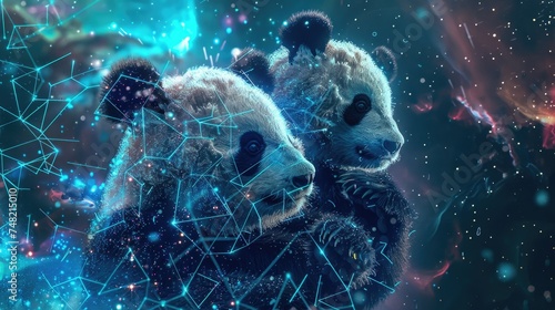 Cybersecurity shields guarding a galaxy cluster, digital panda guardians in the cosmos, surreal protection photo