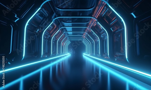Futuristic sci-fi spaceship interior with a futuristic corridor in 
space station with glowing neon lights background and glossy reflective walls and transparent glass
