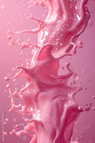 An abstract pink liquid background with smooth textures and transparent bubbles, resembling fresh water droplets.