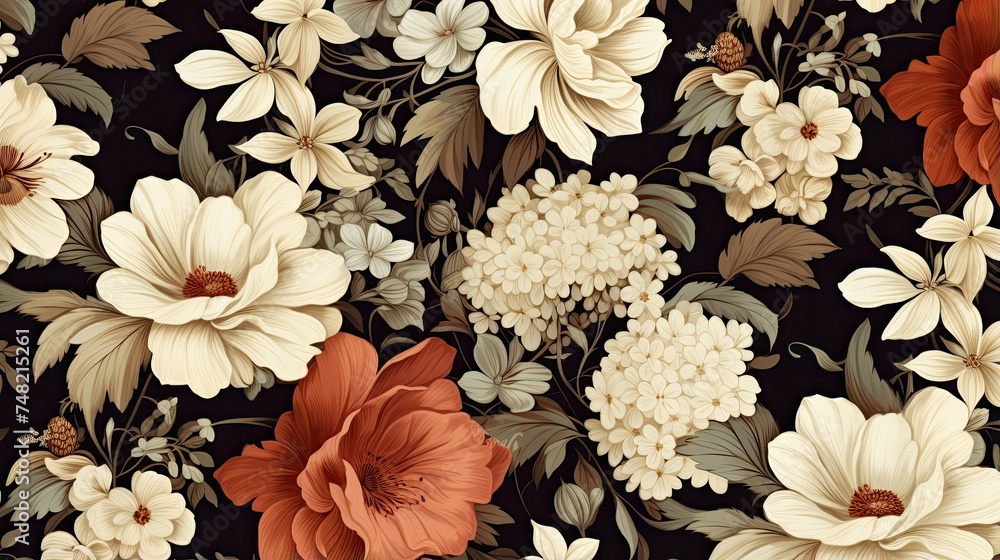 A beautiful floral pattern with cream, white, and orange flowers on a dark background. - obrazy, fototapety, plakaty 