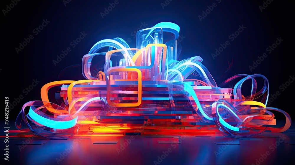 3D rendering of an abstract glowing structure made of colorful neon tubes.