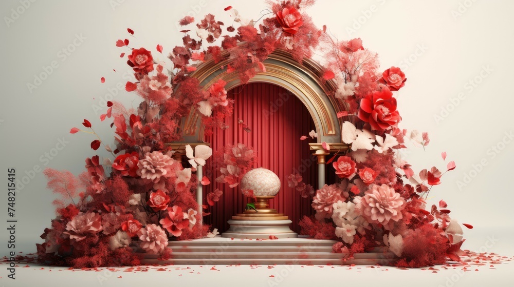 Obraz premium This is a 3D rendering of a beautiful floral archway. The archway is made of white marble and is decorated with intricate carvings.