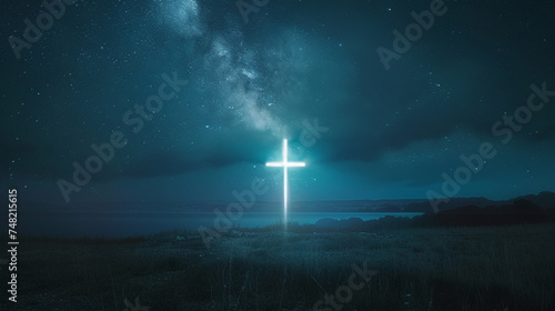 A cross glowing with a soft, celestial light against the night sky, a beacon of hope and comfort