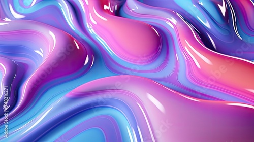 3D rendering. Pink, blue and purple glossy waves. Abstract liquid background.