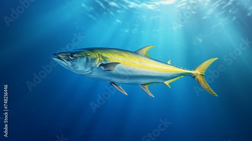 AI Generated yellowtail kingfish swimming under the ocean with sun rays photos