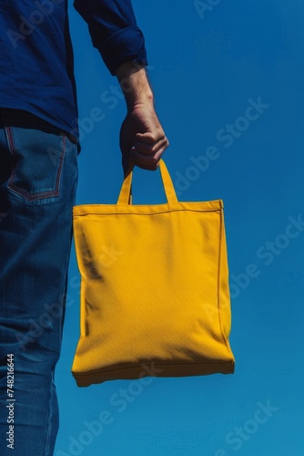 Half body of man holding a large yellow textile bag. Blue background