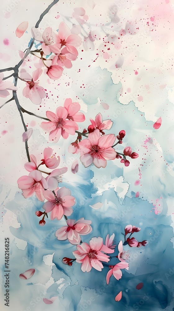 Watercolor Cherry Blossom Painting with Pink and White Blossoms
