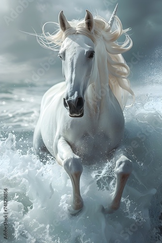 Mystical White Horse Running in Ocean Waves