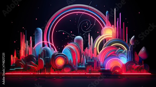 A vibrant and colorful 3D illustration of a futuristic city.