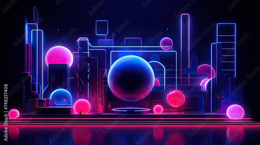 A 3D rendering of a futuristic city. The city is made up of glowing neon lights and geometric shapes. A 3D rendering of a futuristic city. The city is made up of glowing neon lights and geometric shapes.