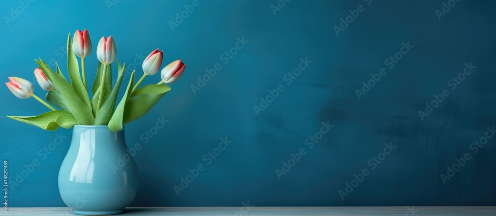 A blue vase filled with a vibrant arrangement of red and white tulips sitting on a table, adding a pop of color to the room. A blue vase filled with a vibrant arrangement of red and white tulips sitting on a table, adding a pop of color to the room.
