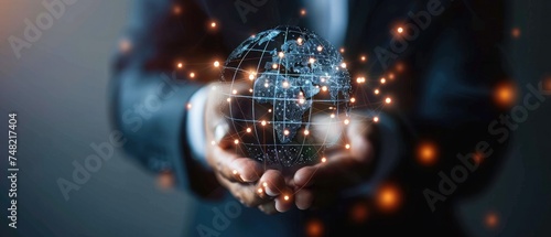 E-commerce technology  Businessman touch the e-commerce icon on global network structure. E-commerce ensures the secure flow of business transactions in the era of global connected commerce