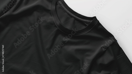 High-resolution close-up of a blank black t-shirt on a white background.