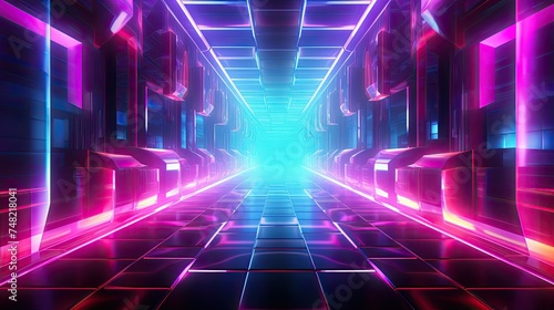 A 3D rendering of a futuristic tunnel with glowing neon lights. The tunnel is dark and mysterious, with the only light coming from the neon lights.