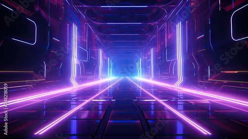 Glowing purple and blue neon lights illuminate a futuristic tunnel.