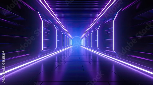 Glowing purple neon lights in a dark futuristic sci-fi tunnel. 3D rendering.