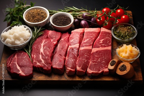 Set of different pieces of raw meat with spices, top view of meat.