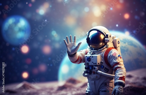 Astronaut waving on space alien planet background