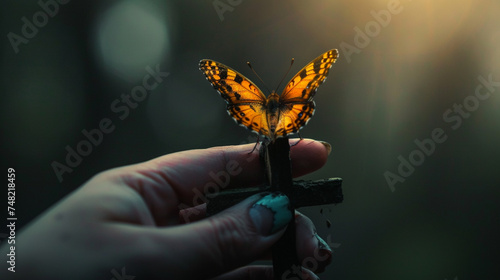 A butterfly alighting on the arm of a cross, its transformation from caterpillar to butterfly a metaphor for resurrection