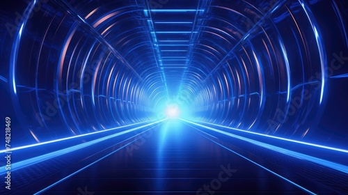 This is a 3D rendering of a futuristic tunnel. The tunnel is lit by blue and white lights, and the walls are lined with glowing blue panels. © BozStock