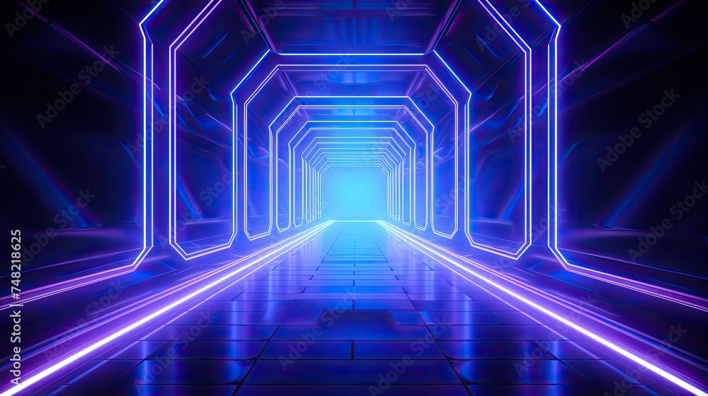 A dark and mysterious tunnel with blue and purple neon lights. The tunnel is made of reflective material, which creates a sense of infinity. A dark and mysterious tunnel with blue and purple neon lights. The tunnel is made of reflective material, which creates a sense of infinity.